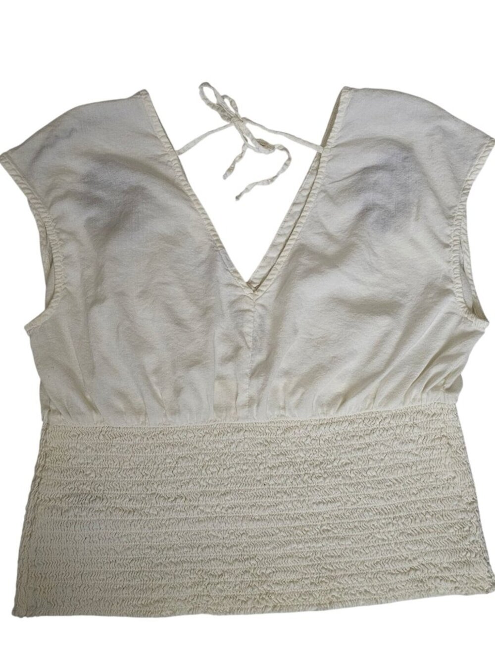 Old Navy White Embroidered Blue Floral Smocked Waist-Defined Top Women's Large - Picture 5 of 15